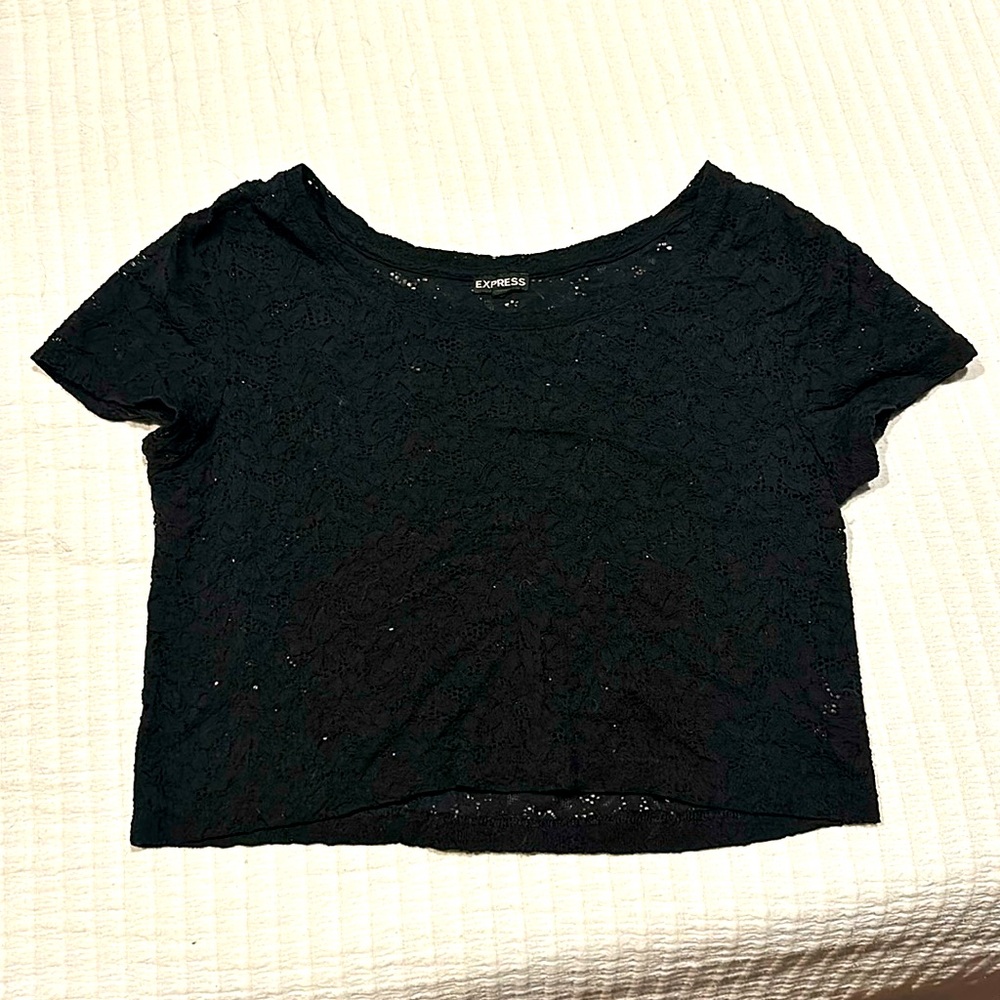 Black lace short sleeved boxy crop from express